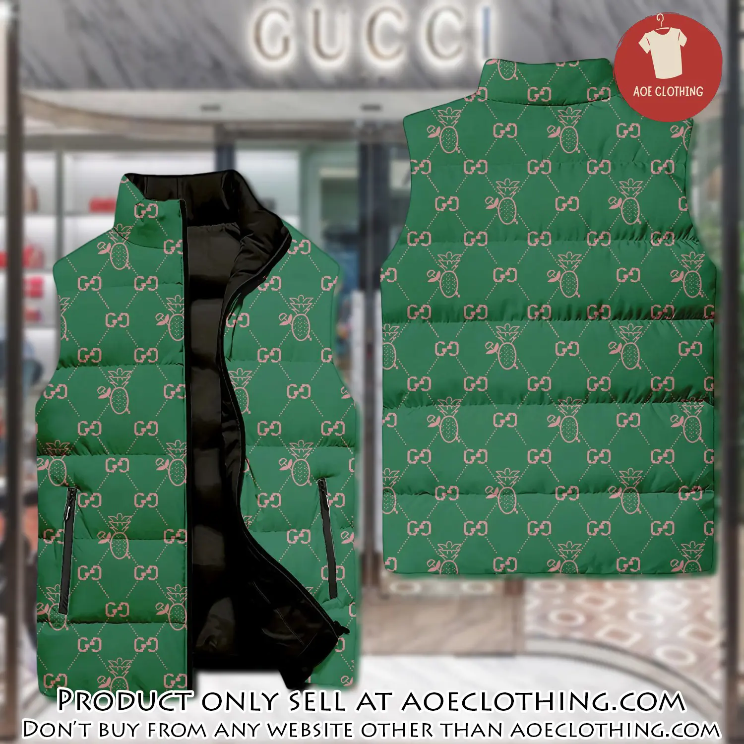 Gucci green pattern luxury brand 3d sleeveless down jacket aoe2352403